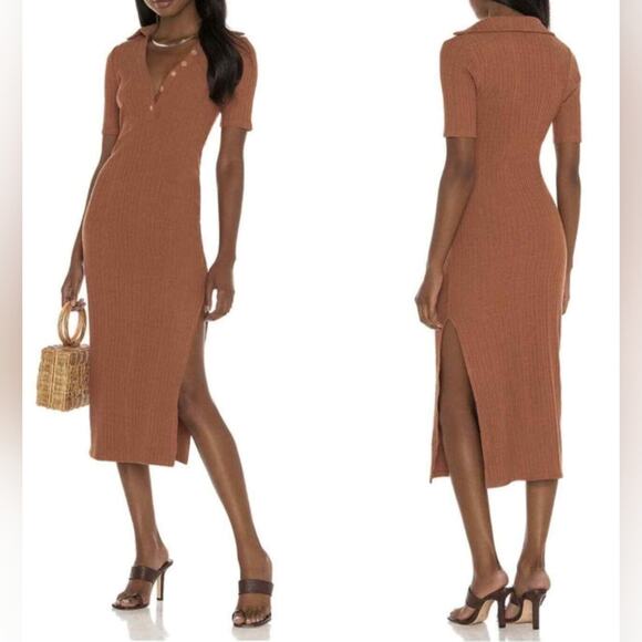 House of Harlow 1960 X Revolve Polo Ribbed Knit Sweater Brown Pencil Dress S - Picture 1 of 10